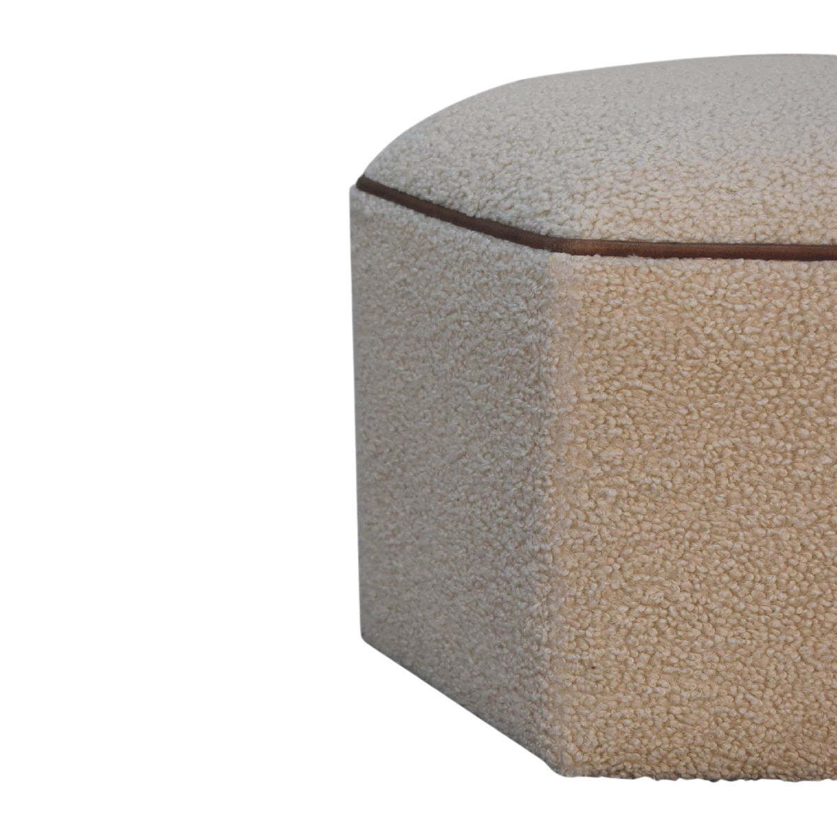 Oakhurst Hexagonal Footstool in Cream Bouclé with Tobacco Piping, side view showing the depth.