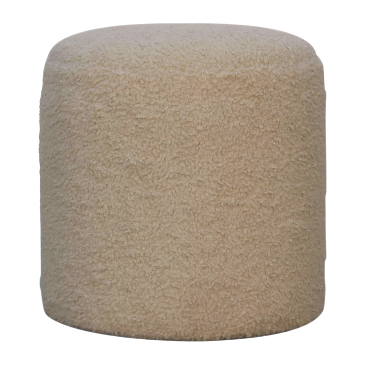 Oakhurst Round Footstool in Cream Bouclé, front view. Cream bouclé in cotton and natural yarn over a solid hardwood frame, fully upholstered.