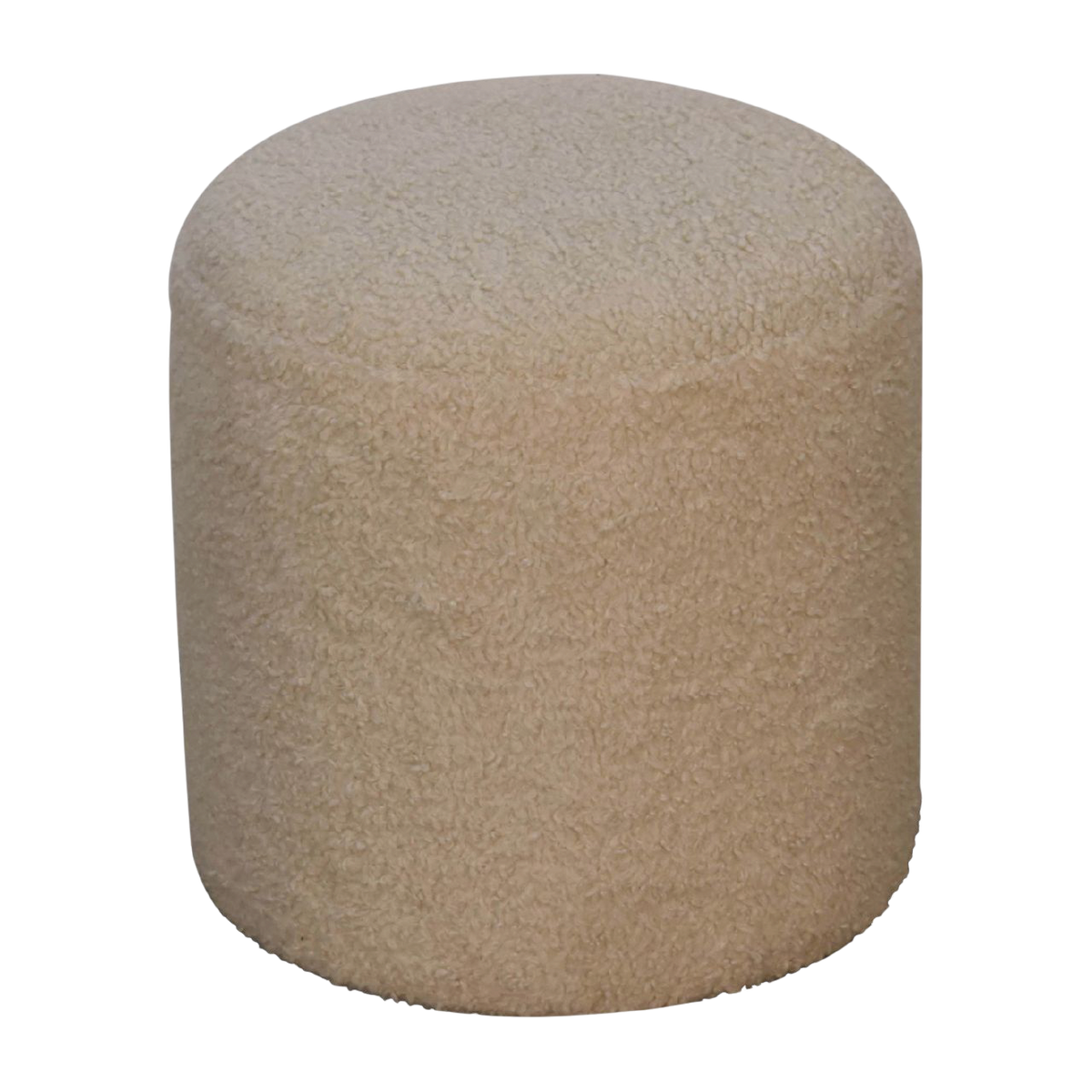 Oakhurst Round Footstool in Cream Bouclé, three-quarter view showing the full profile.