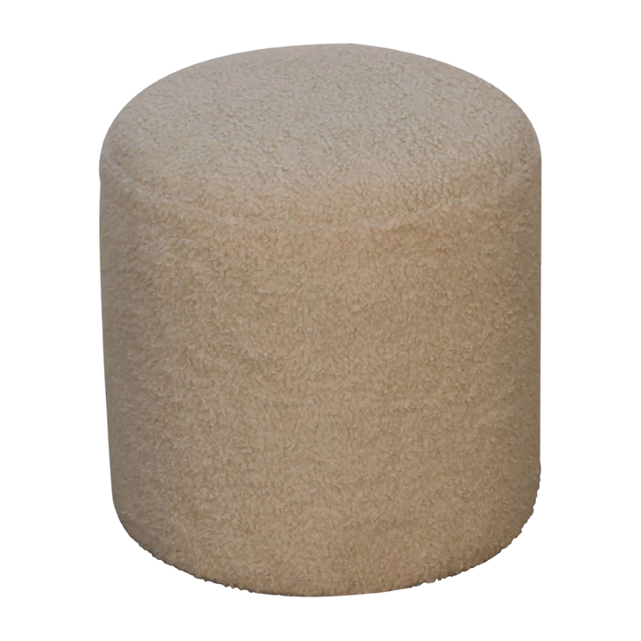 Oakhurst Round Footstool in Cream Bouclé, three-quarter view showing the full profile.