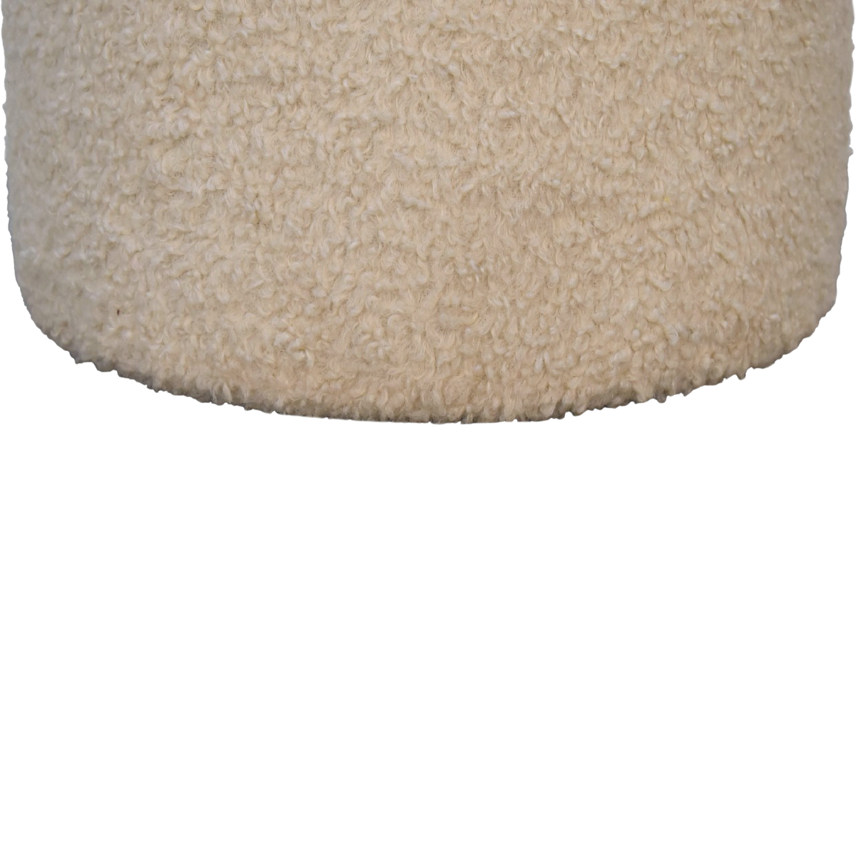 Close view of the bouclé on the Oakhurst Round Footstool in Cream Bouclé.