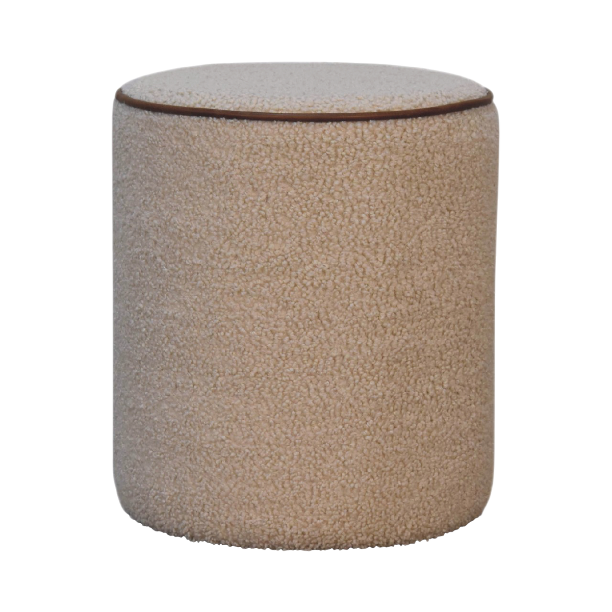 Oakhurst Round Footstool in Cream Bouclé with Tobacco Piping, front view. Cream bouclé in cotton and natural yarn over a solid hardwood frame, tobacco leather piping to the rim.