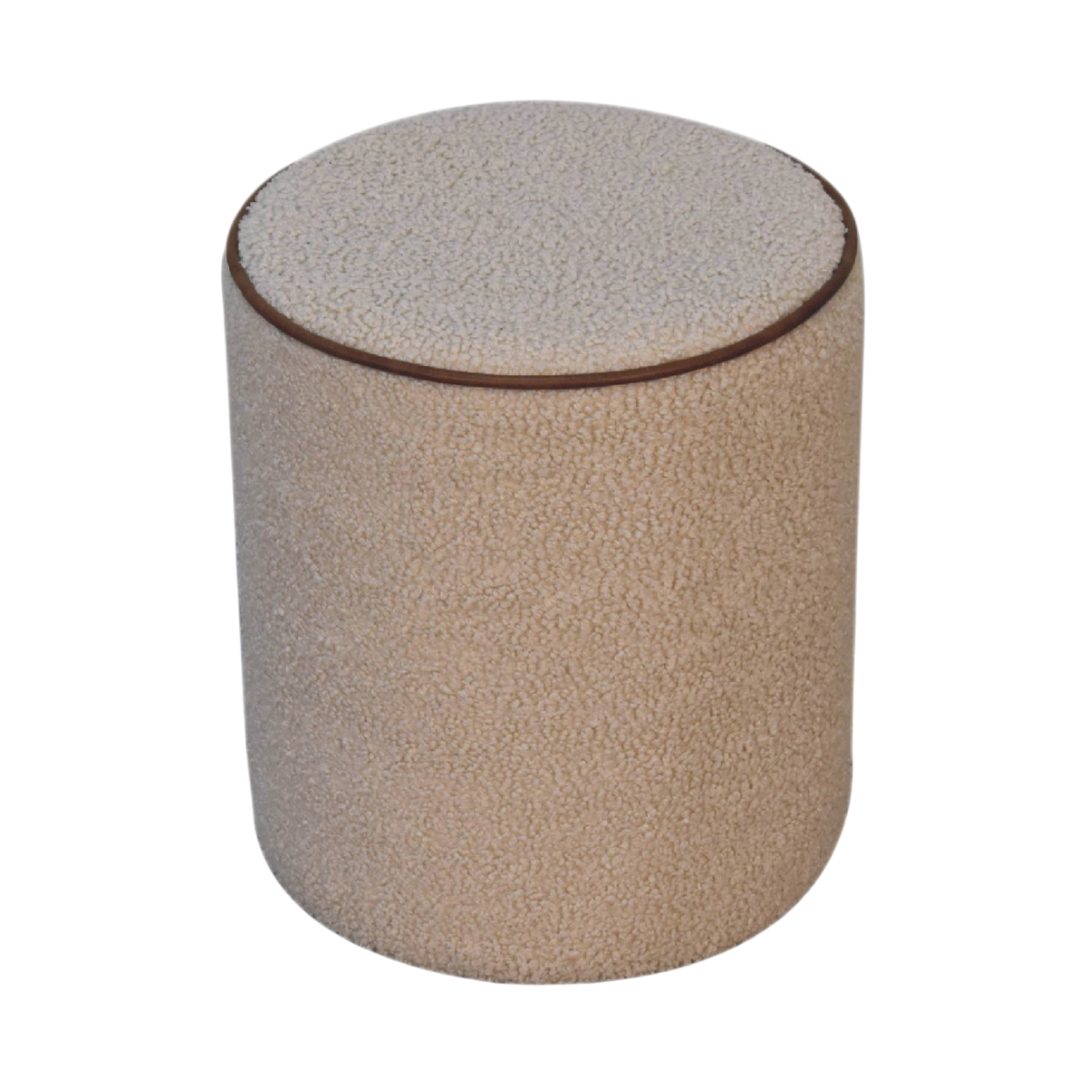Oakhurst Round Footstool in Cream Bouclé with Tobacco Piping, three-quarter view showing the full profile.