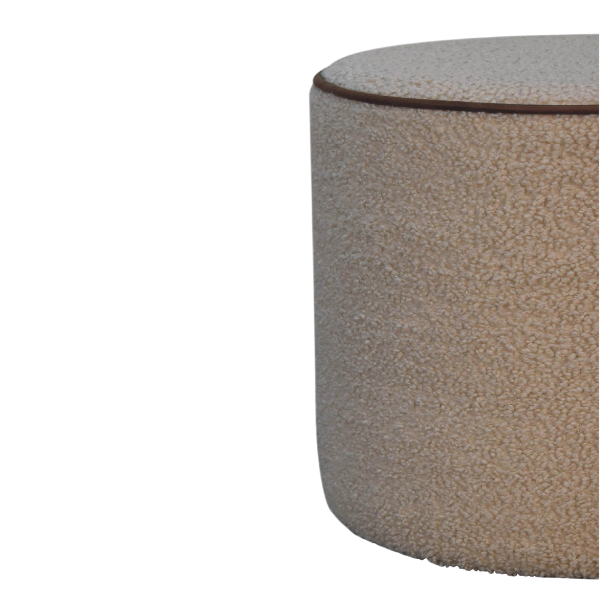Oakhurst Round Footstool in Cream Bouclé with Tobacco Piping, side view showing the depth.