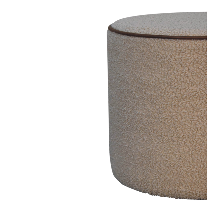 Oakhurst Round Footstool in Cream Bouclé with Tobacco Piping, side view showing the depth.