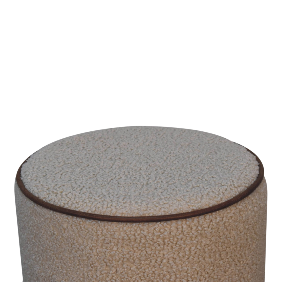 Close view of the seat on the Oakhurst Round Footstool in Cream Bouclé with Tobacco Piping.