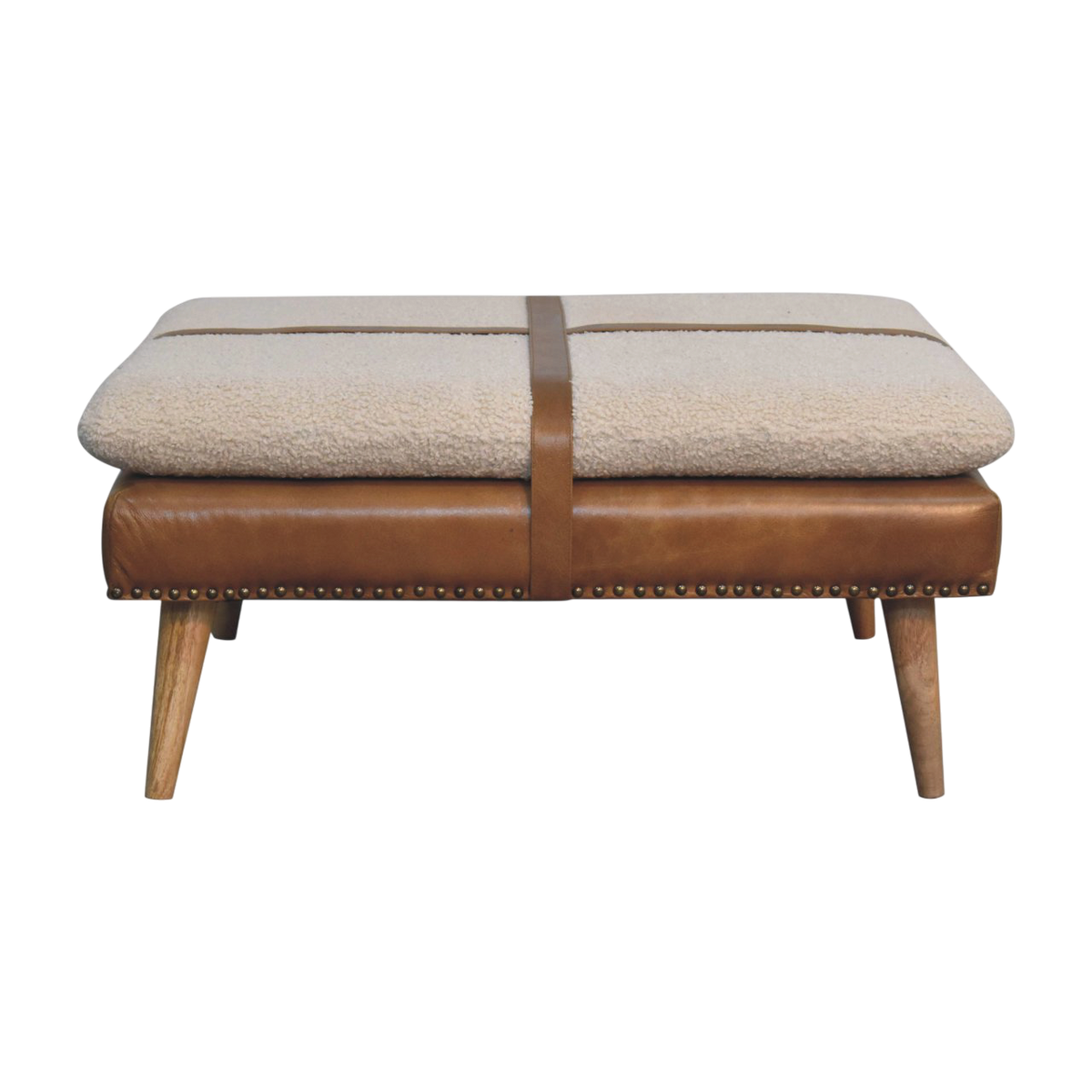 Oakhurst Square Footstool in Cream Bouclé with Tobacco Leather, front view. Cream bouclé in cotton and natural yarn over a 100% solid hardwood frame, tobacco leather belted straps.