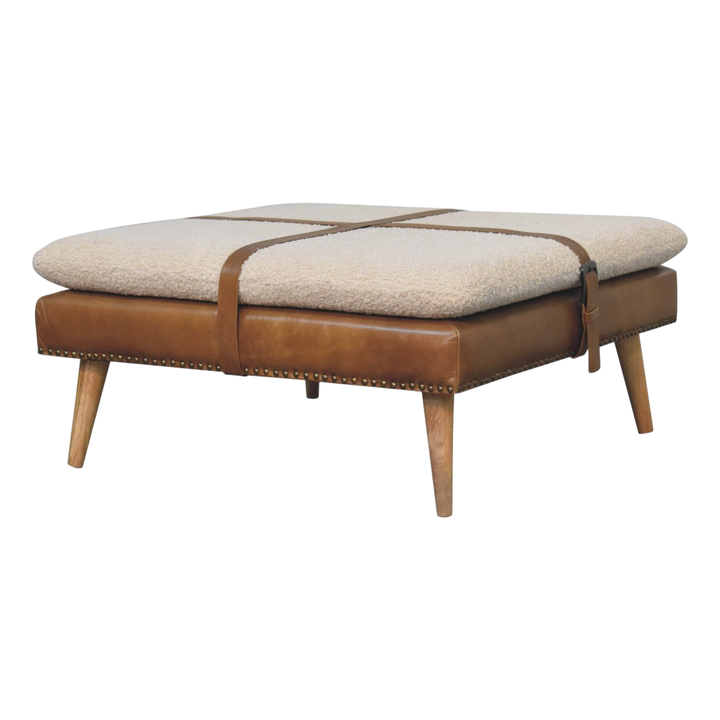 Oakhurst Square Footstool in Cream Bouclé with Tobacco Leather, three-quarter view showing the full profile.