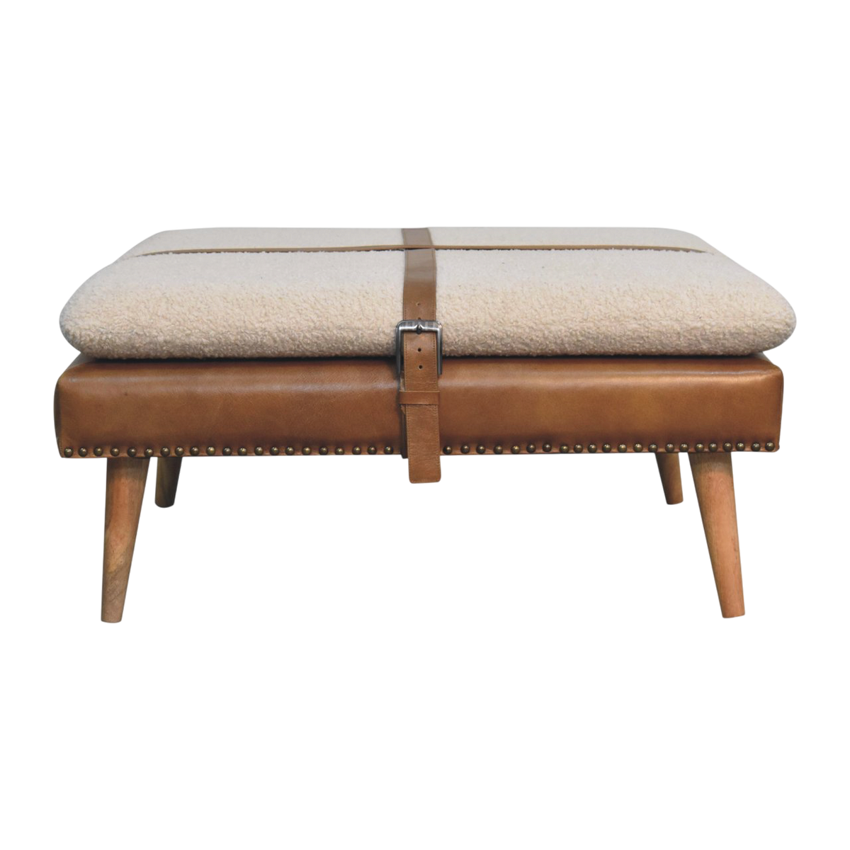 Oakhurst Square Footstool in Cream Bouclé with Tobacco Leather, side view showing the depth.