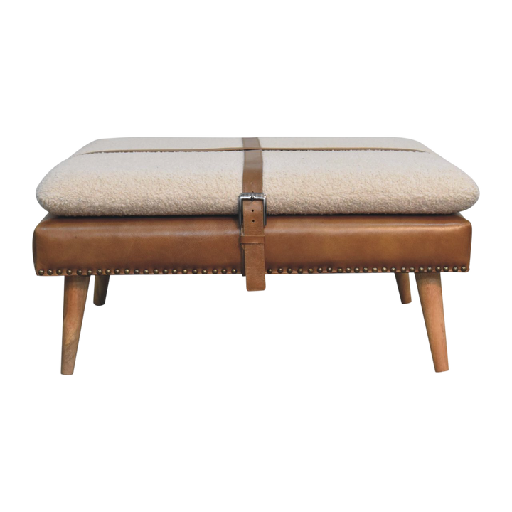 Oakhurst Square Footstool in Cream Bouclé with Tobacco Leather, side view showing the depth.
