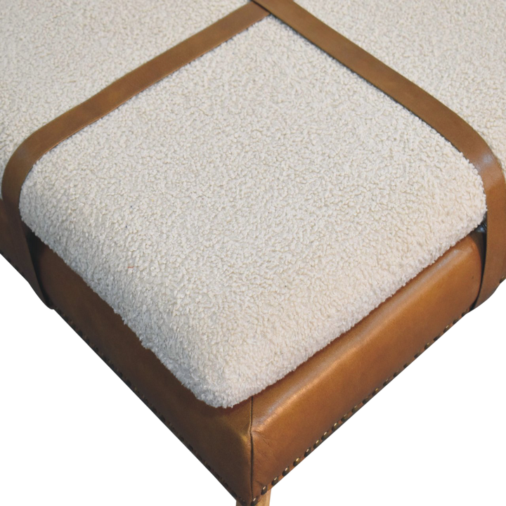 Oakhurst Square Footstool in Cream Bouclé with Tobacco Leather, shown from above at an angle.