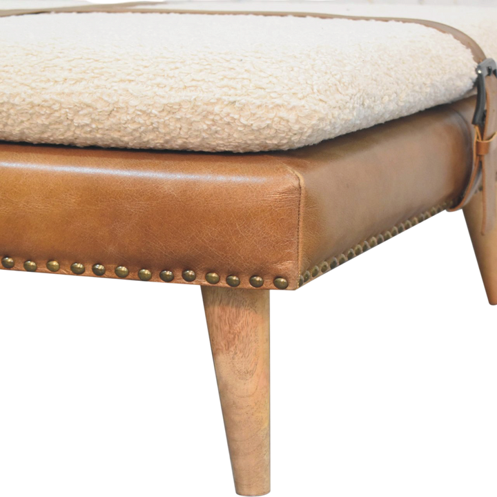 Close view of the bouclé on the Oakhurst Square Footstool in Cream Bouclé with Tobacco Leather.