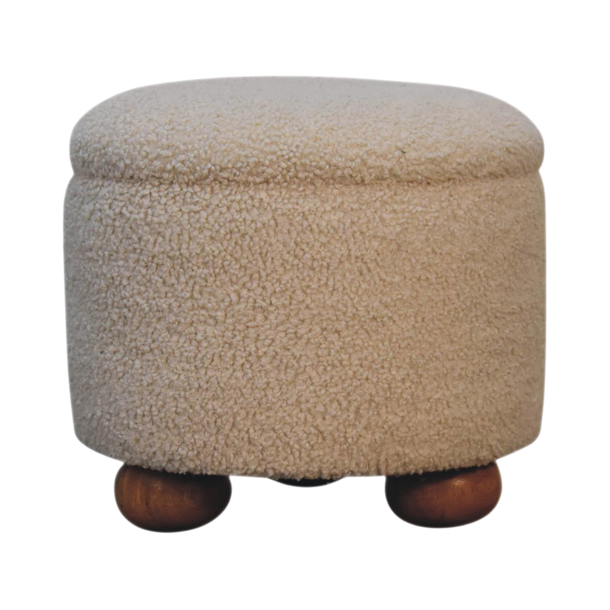 Oakhurst Storage Footstool in Cream Bouclé, front view. Cream bouclé in cotton and natural yarn over a solid hardwood frame, lift-up lid, hollow storage interior.