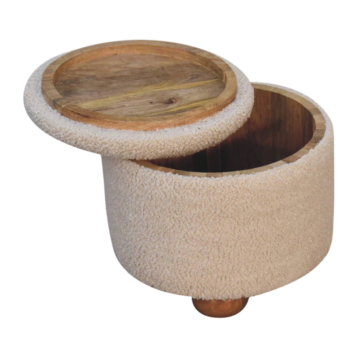 Oakhurst Storage Footstool in Cream Bouclé, shown with the lid open.