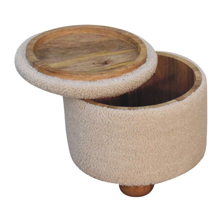 Oakhurst Storage Footstool in Cream Bouclé, shown with the lid open.