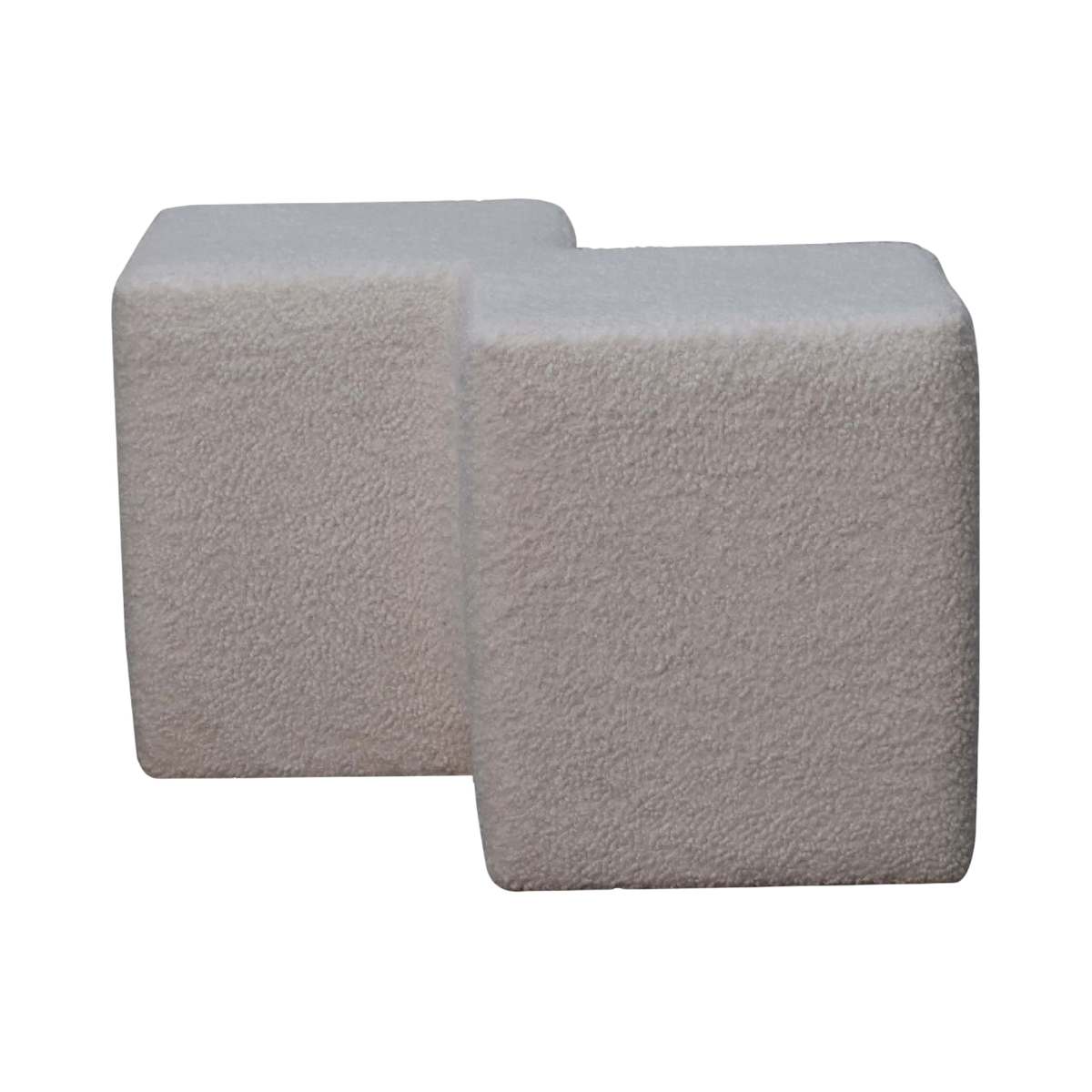 Oakhurst Twin Footstool in Alabaster Bouclé, front view. Alabaster bouclé in cotton and natural yarn over a solid hardwood frame, twin-lobed body, fully upholstered.