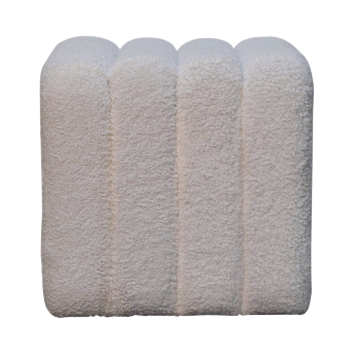 Oakhurst Wave Footstool in Alabaster Bouclé, front view. Alabaster bouclé in cotton and natural yarn over a solid hardwood frame, waved top, fully upholstered.