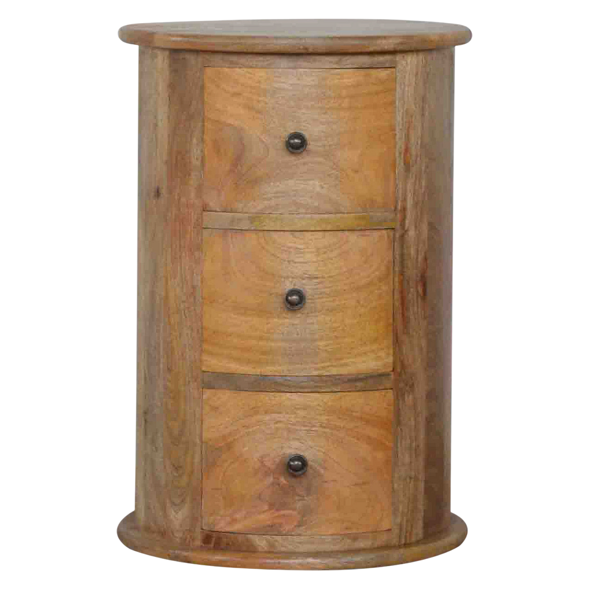 Odense 3-Drawer Drum Chest in Amber, front view. 100% solid hardwood in a warm amber finish, cylindrical body, three curved drawers, dark knobs.