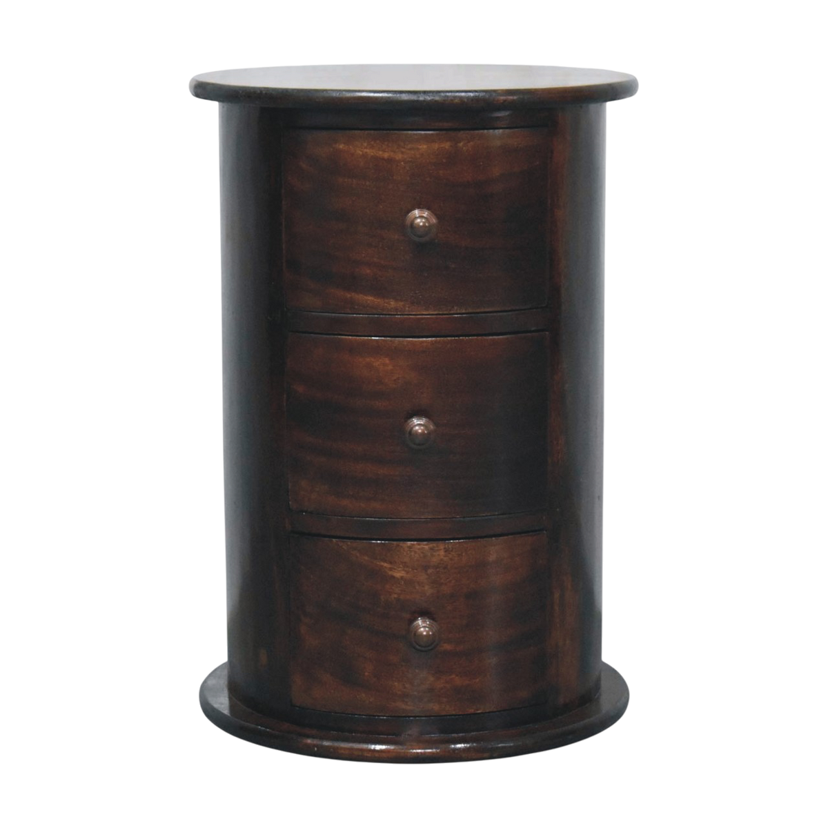 Odense 3-Drawer Drum Chest in Espresso, front view. 100% solid hardwood in a deep espresso finish, cylindrical body, three curved drawers, rounded top and base.