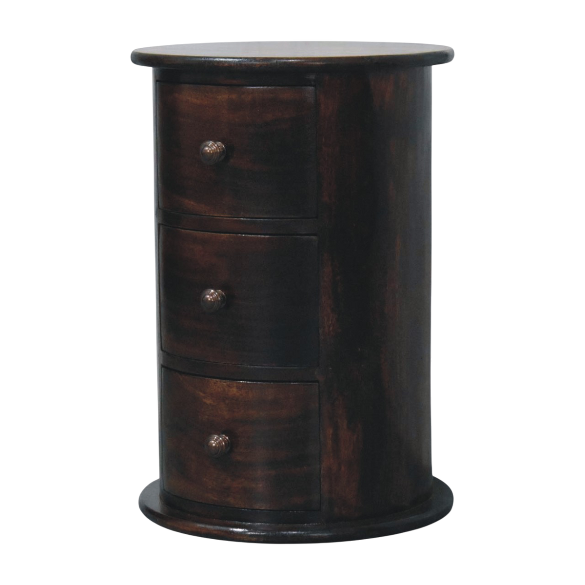 Odense 3-Drawer Drum Chest in Espresso, three-quarter view showing the full profile.