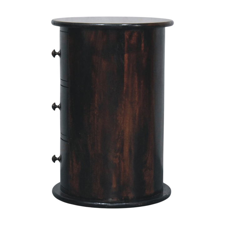 Odense 3-Drawer Drum Chest in Espresso, side view showing the depth.