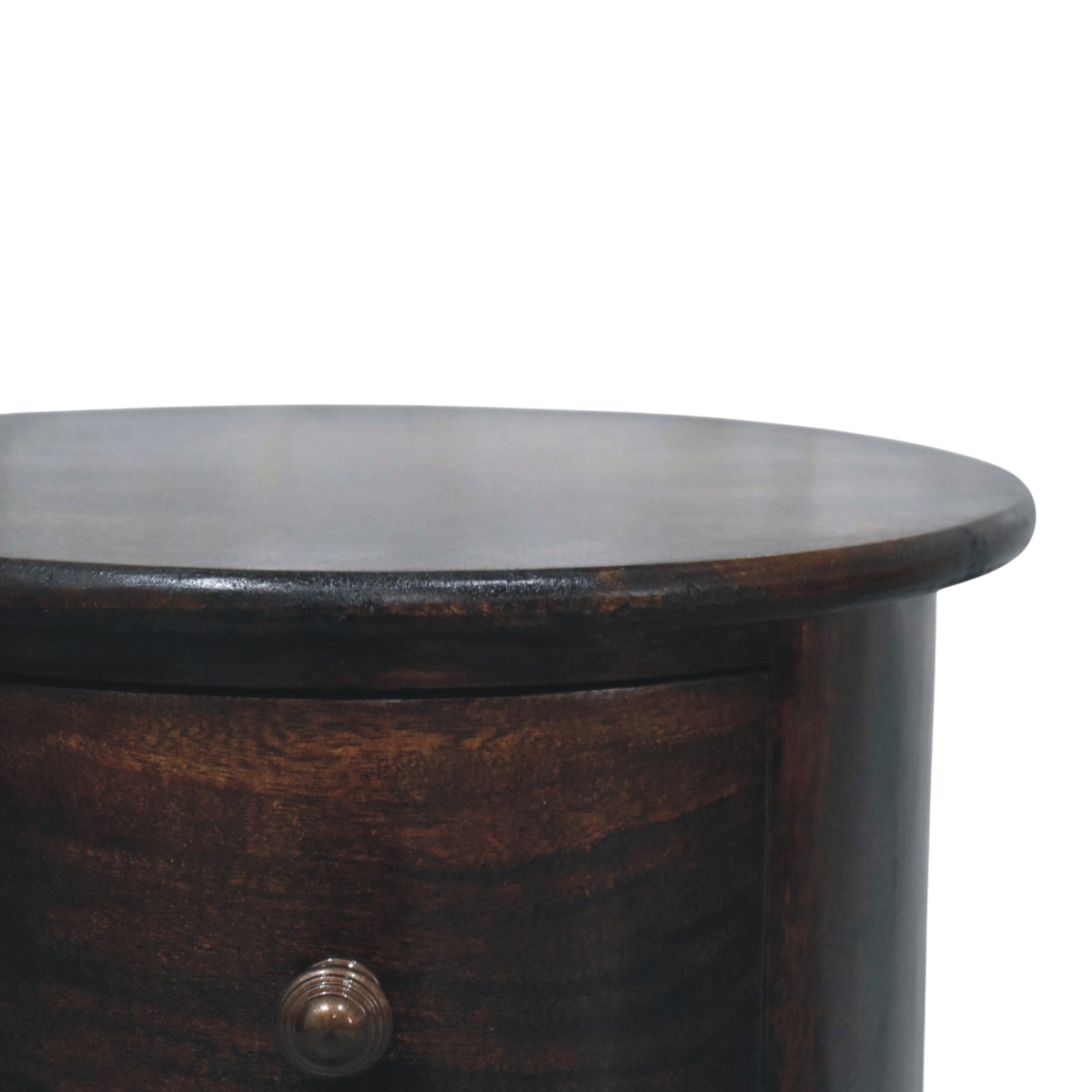 Close view of the top on the Odense 3-Drawer Drum Chest in Espresso.