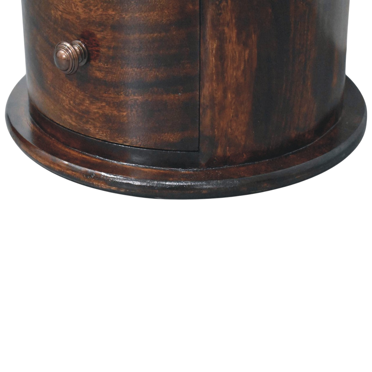 Close view of the base on the Odense 3-Drawer Drum Chest in Espresso.