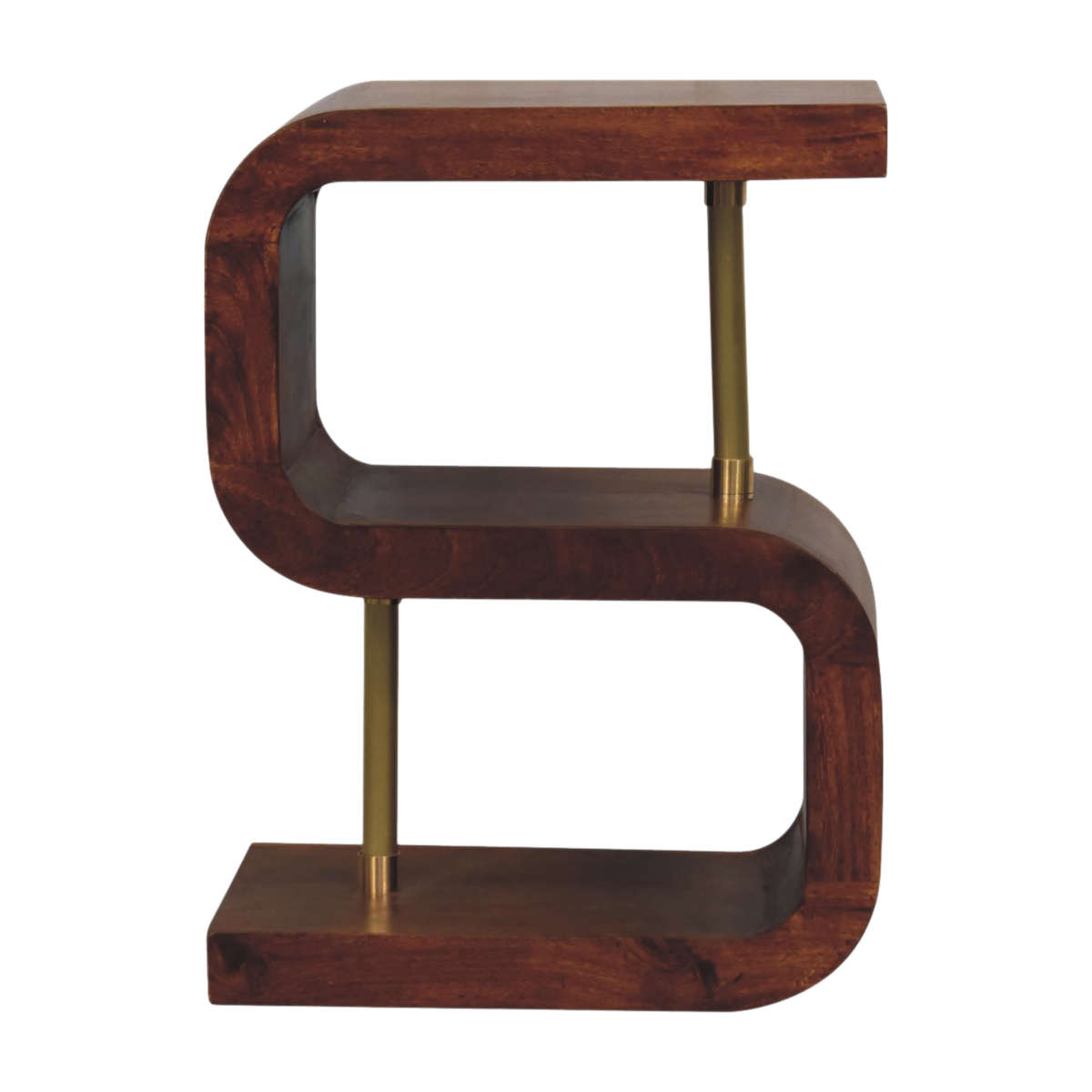 Odense Brass-Bar Bedside Table in Chestnut, front view. Solid hardwood in a chestnut finish, continuous S-curve with an integral lower shelf.