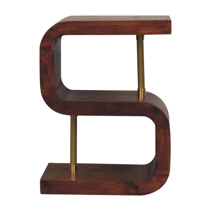 Odense Brass-Bar Bedside Table in Chestnut, front view. Solid hardwood in a chestnut finish, continuous S-curve with an integral lower shelf.