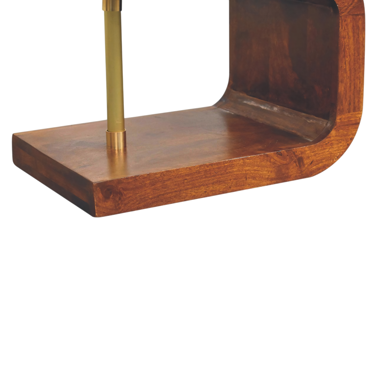 Close view of the base on the Odense Brass-Bar Bedside Table in Chestnut.