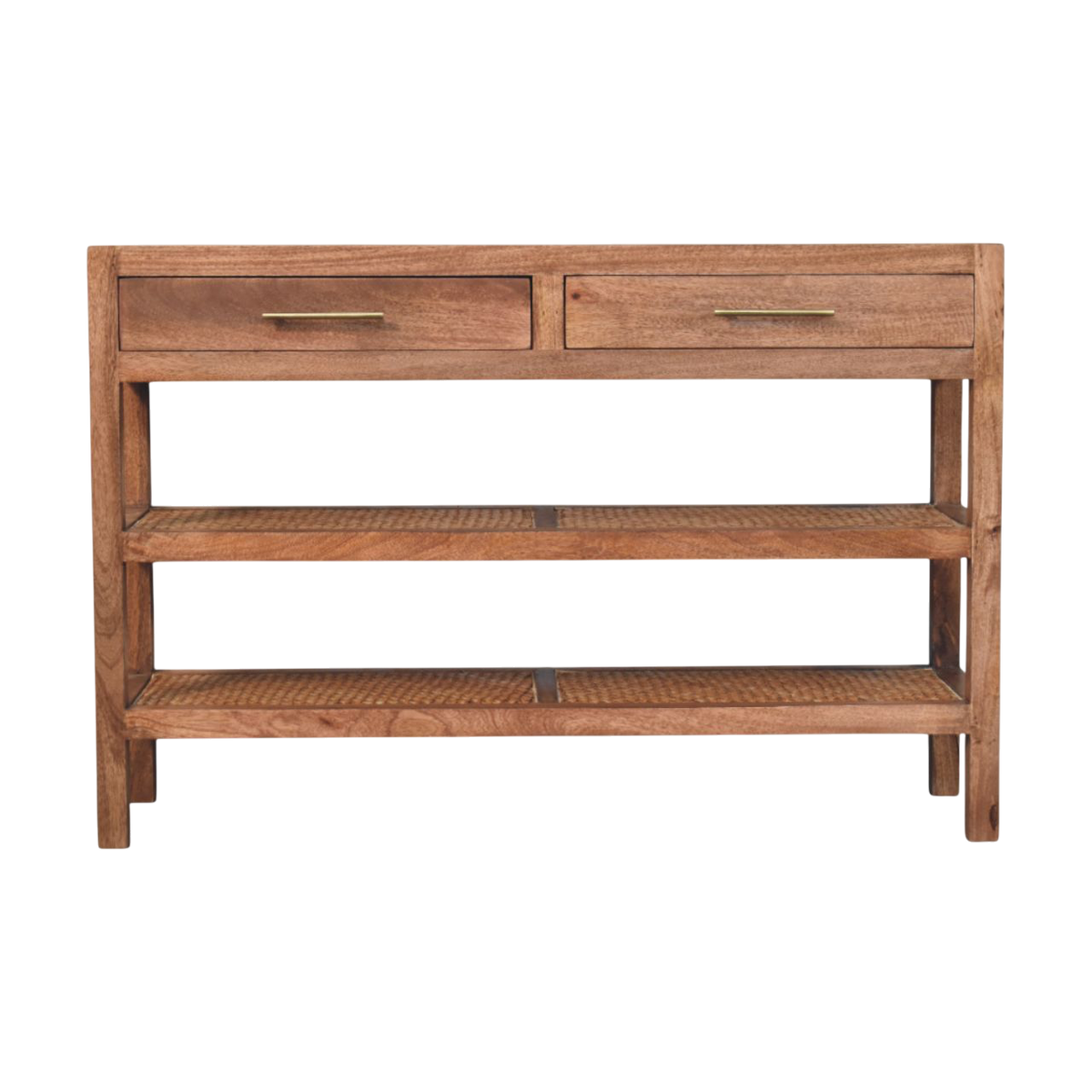 Odense Cane Console in Amber, front view. Amber hardwood with hand-woven rattan shelves.