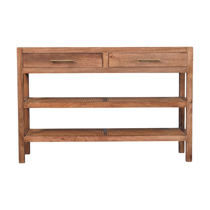 Odense Cane Console in Amber, front view. Amber hardwood with hand-woven rattan shelves.