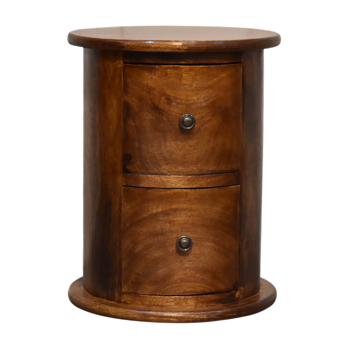 Odense Mini 2-Drawer Drum Chest in Chestnut, front view. 100% solid hardwood in a chestnut finish, cylindrical body, two curved drawers, round knobs.