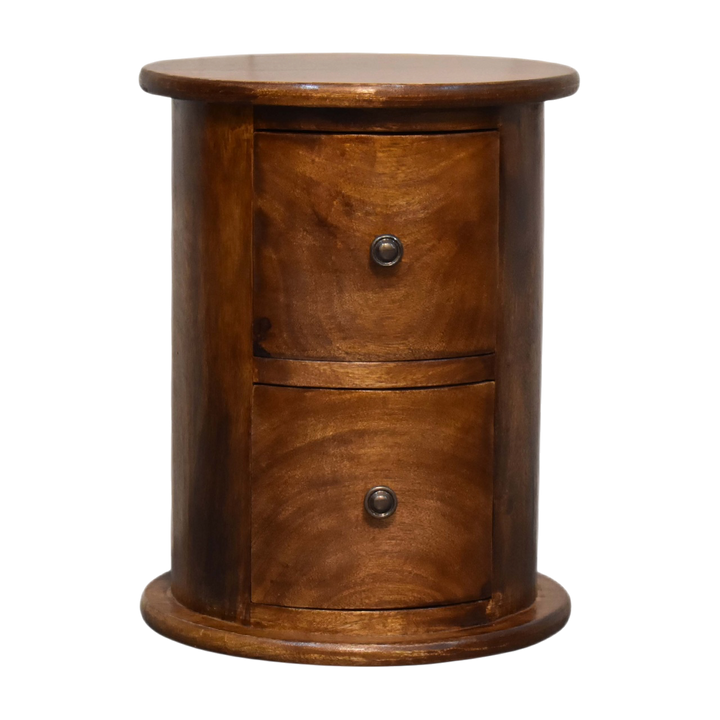 Odense Mini 2-Drawer Drum Chest in Chestnut, front view. 100% solid hardwood in a chestnut finish, cylindrical body, two curved drawers, round knobs.