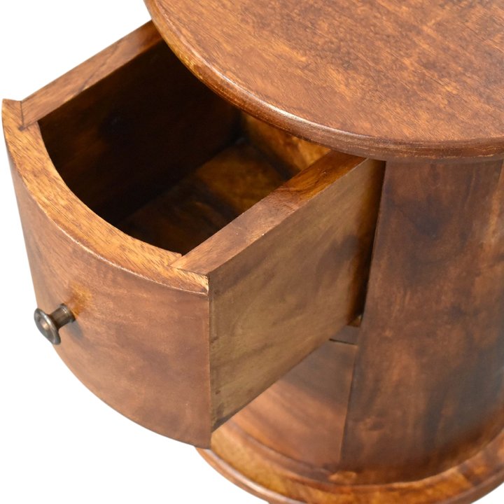 Odense Mini 2-Drawer Drum Chest in Chestnut, shown with a drawer open.