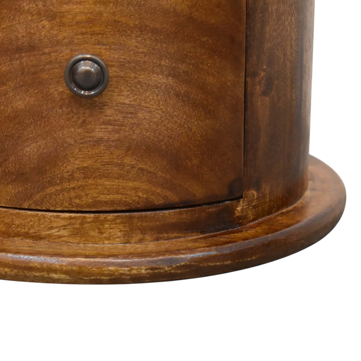 Close view of the knobs on the Odense Mini 2-Drawer Drum Chest in Chestnut.