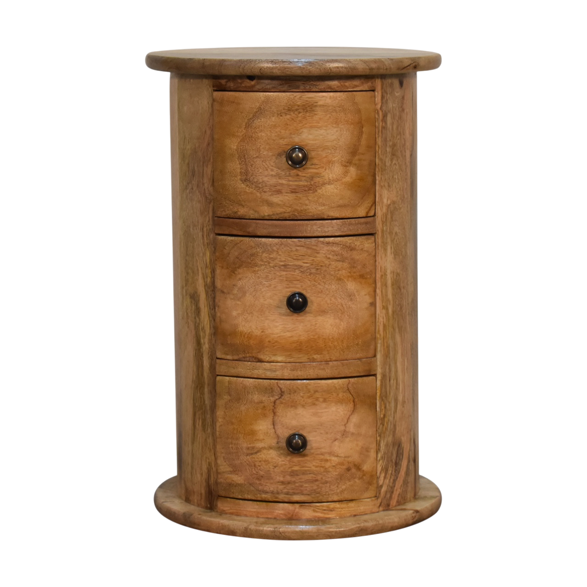 Odense Mini 3-Drawer Drum Chest in Amber, front view. 100% solid hardwood in a warm amber finish, cylindrical body, three curved drawers, round knobs.