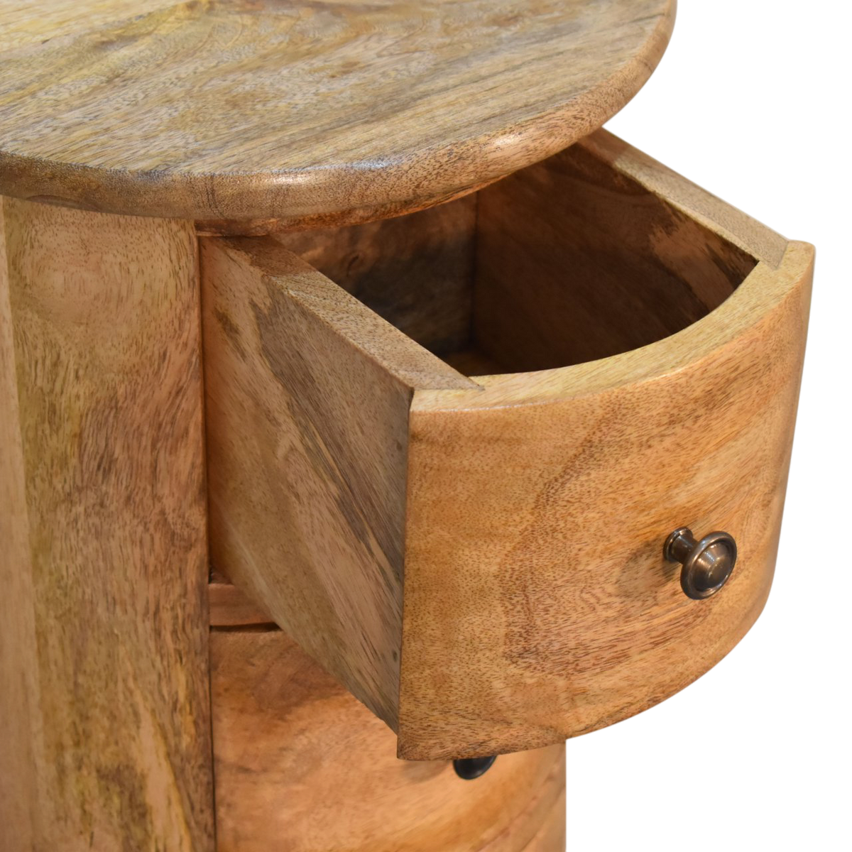 Odense Mini 3-Drawer Drum Chest in Amber, shown with a drawer open.