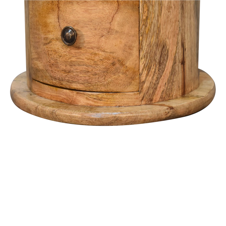 Close view of the base on the Odense Mini 3-Drawer Drum Chest in Amber.