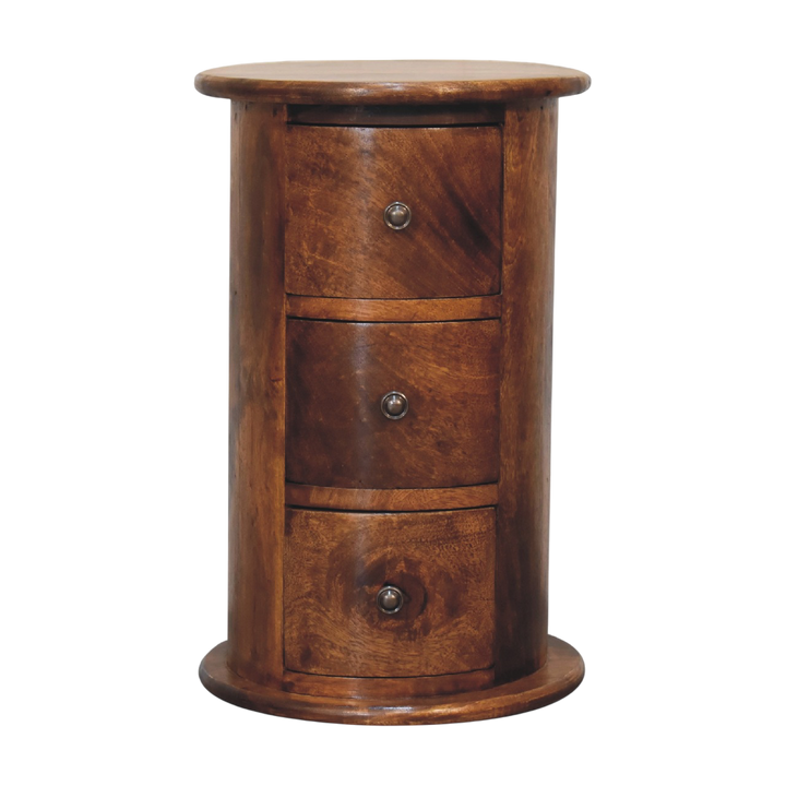 Odense Mini 3-Drawer Drum Chest in Chestnut, front view. 100% solid hardwood in a chestnut finish, cylindrical body, three curved drawers, round knobs.