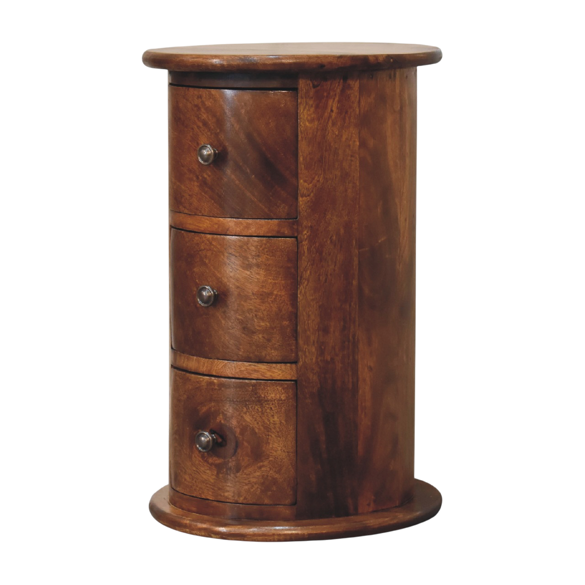 Odense Mini 3-Drawer Drum Chest in Chestnut, three-quarter view showing the full profile.