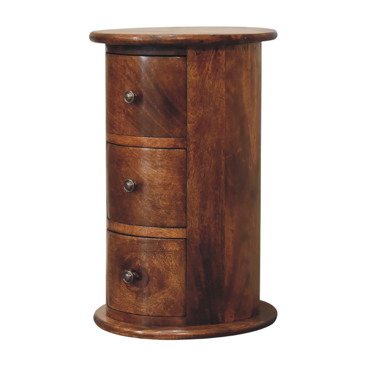 Odense Mini 3-Drawer Drum Chest in Chestnut, three-quarter view showing the full profile.