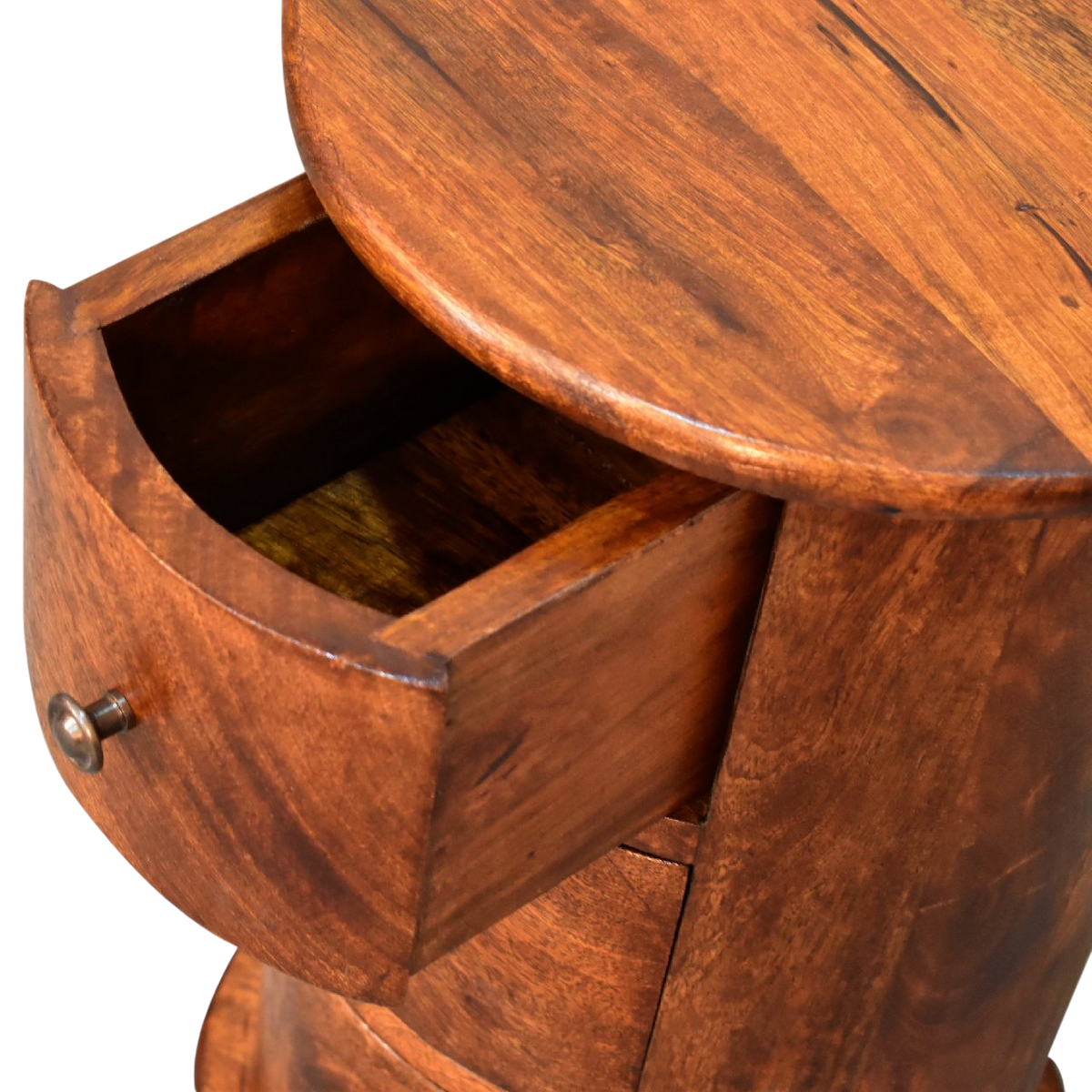 Odense Mini 3-Drawer Drum Chest in Chestnut, shown with a drawer open.