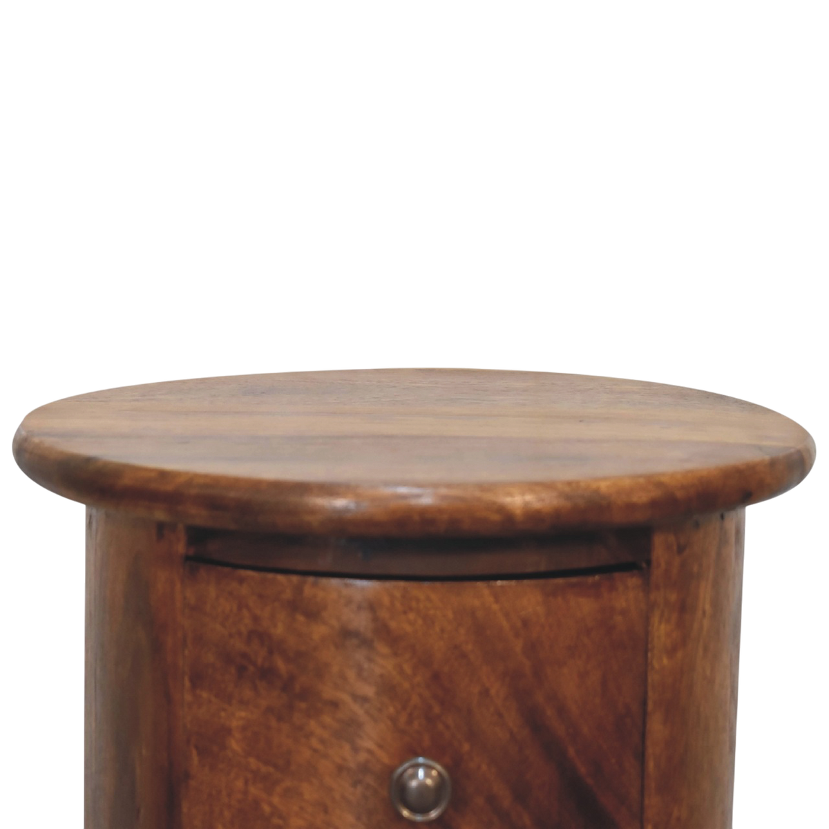 Close view of the top on the Odense Mini 3-Drawer Drum Chest in Chestnut.