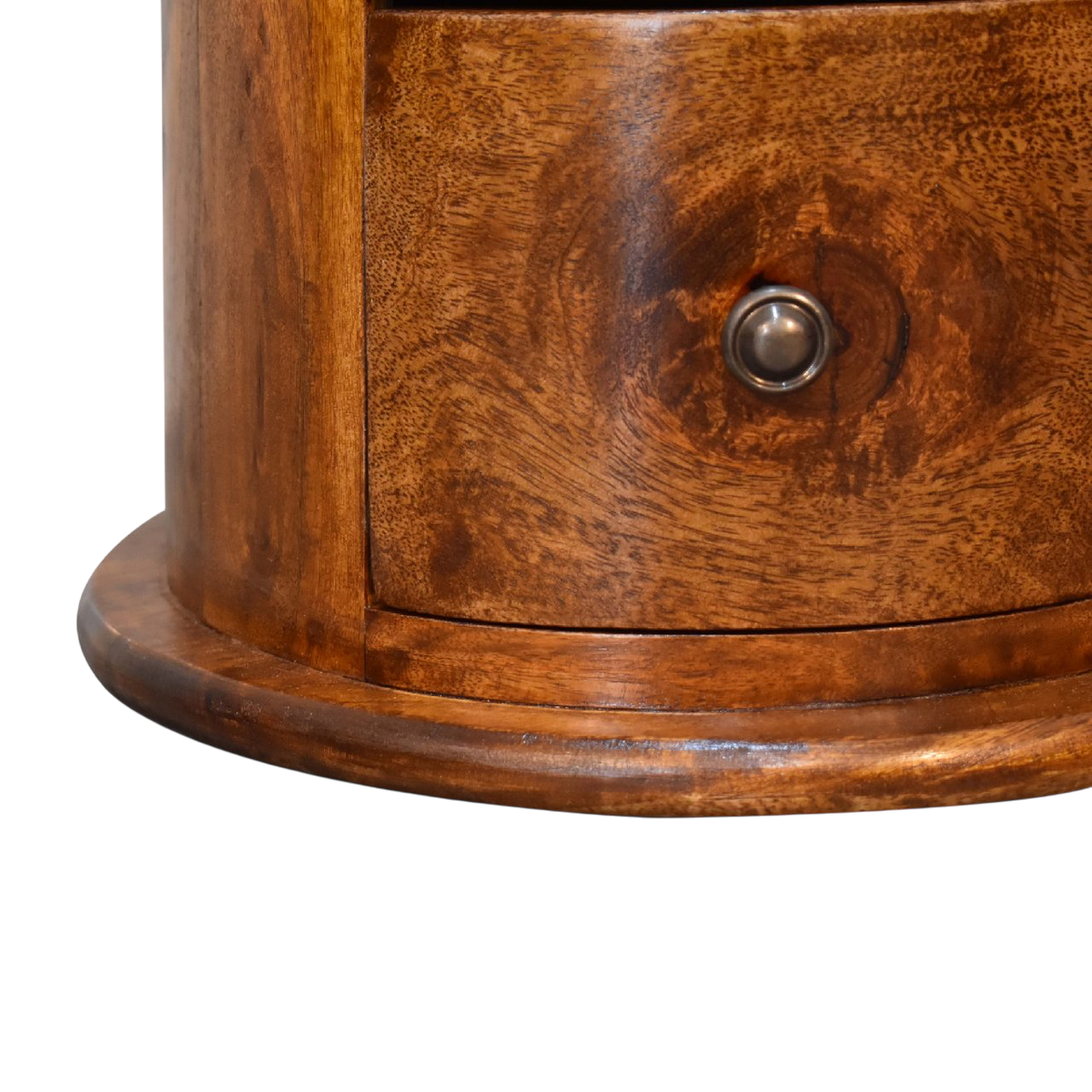 Close view of the base on the Odense Mini 3-Drawer Drum Chest in Chestnut.