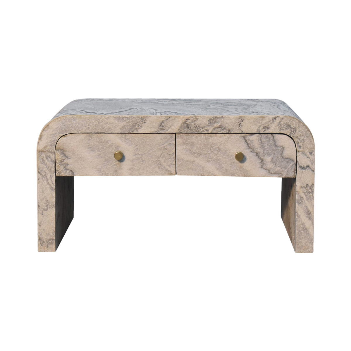 Palladio 4-Drawer Coffee Table in Stone, front view. Stone-effect laminate veneer over a 100% solid hardwood body, drawer interiors in an amber finish, four drawers.