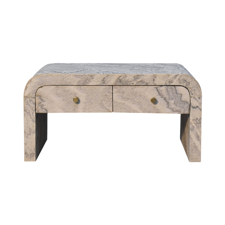 Palladio 4-Drawer Coffee Table in Stone, front view. Stone-effect laminate veneer over a 100% solid hardwood body, drawer interiors in an amber finish, four drawers.