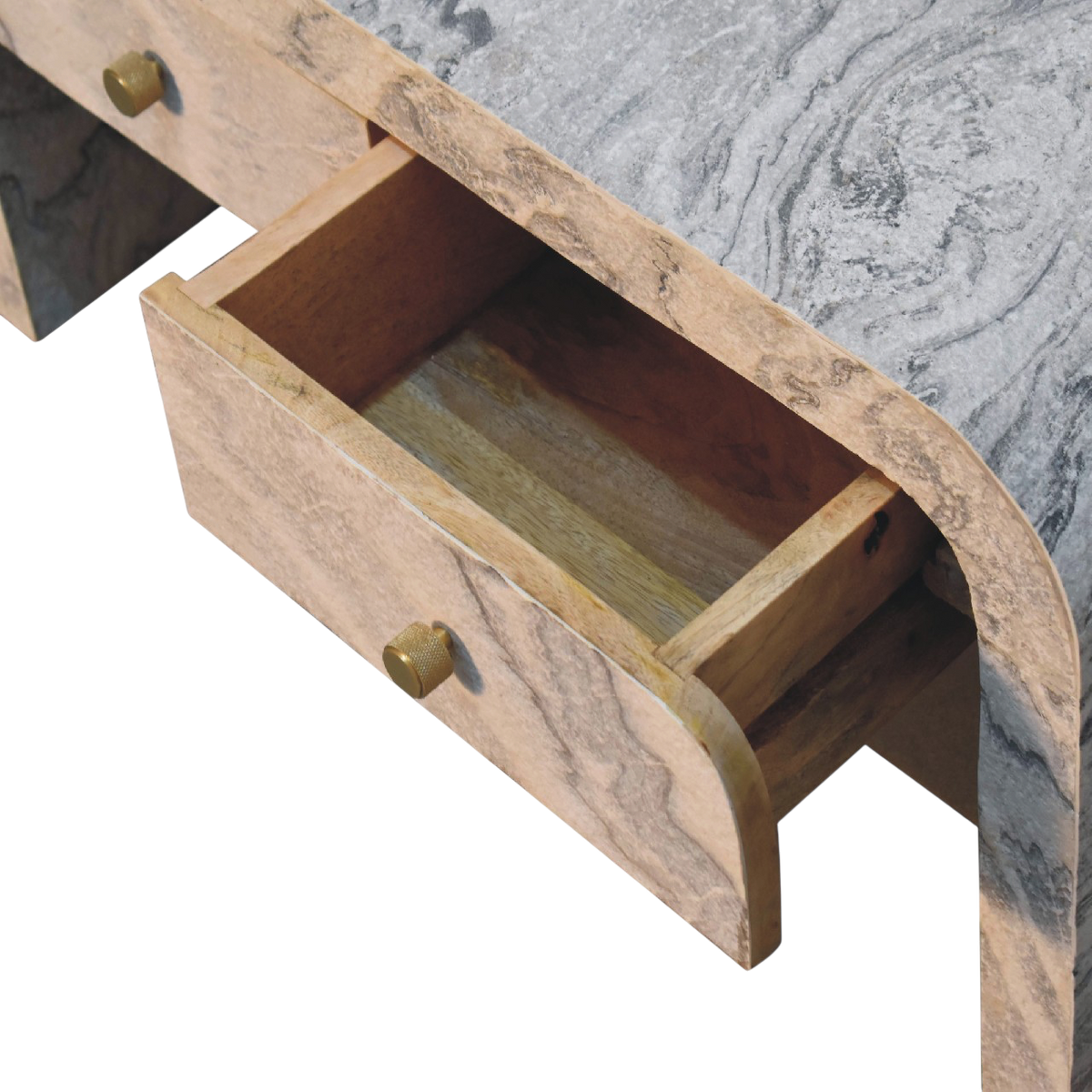 Palladio 4-Drawer Coffee Table in Stone, shown with a drawer open.
