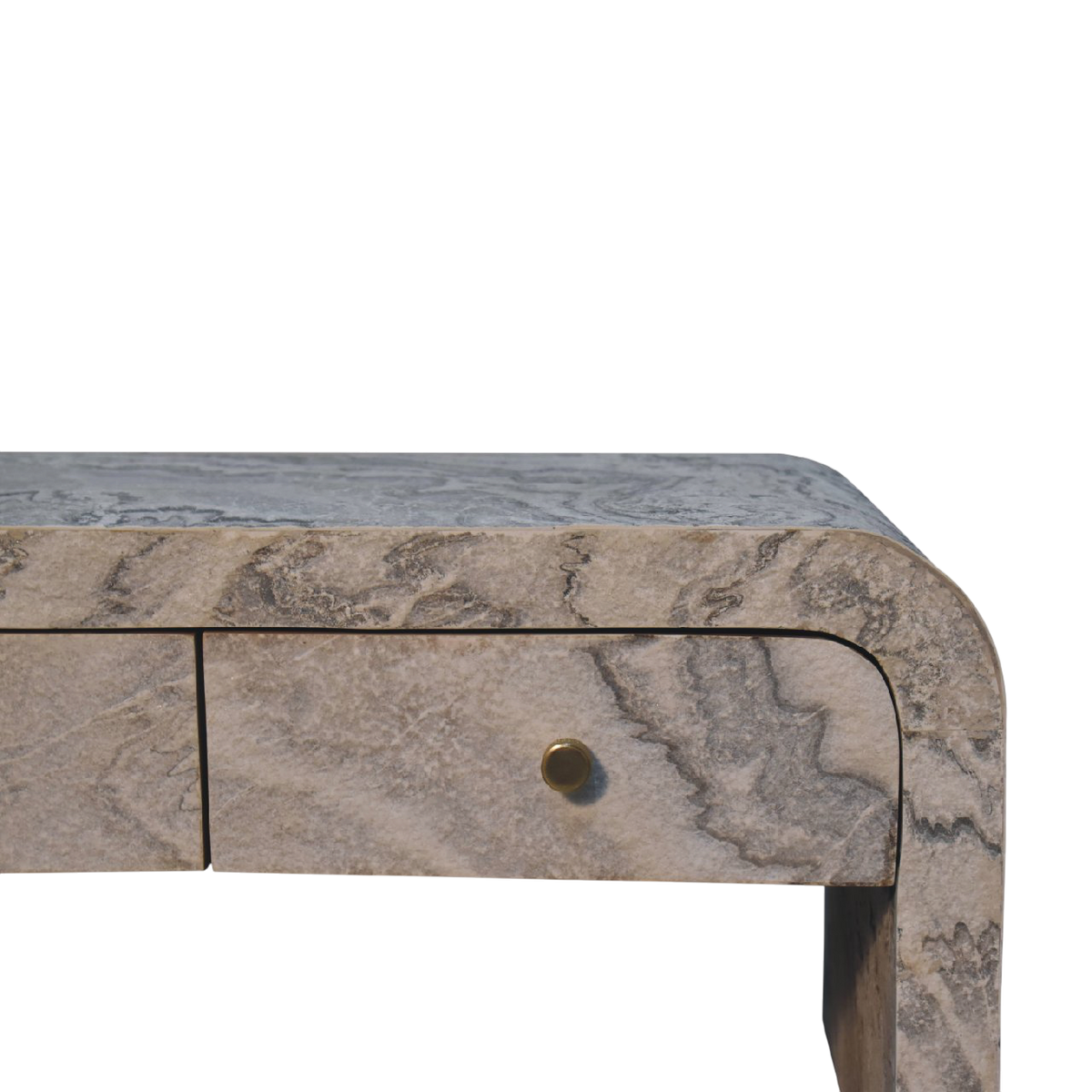 Close view of the edge on the Palladio 4-Drawer Coffee Table in Stone.