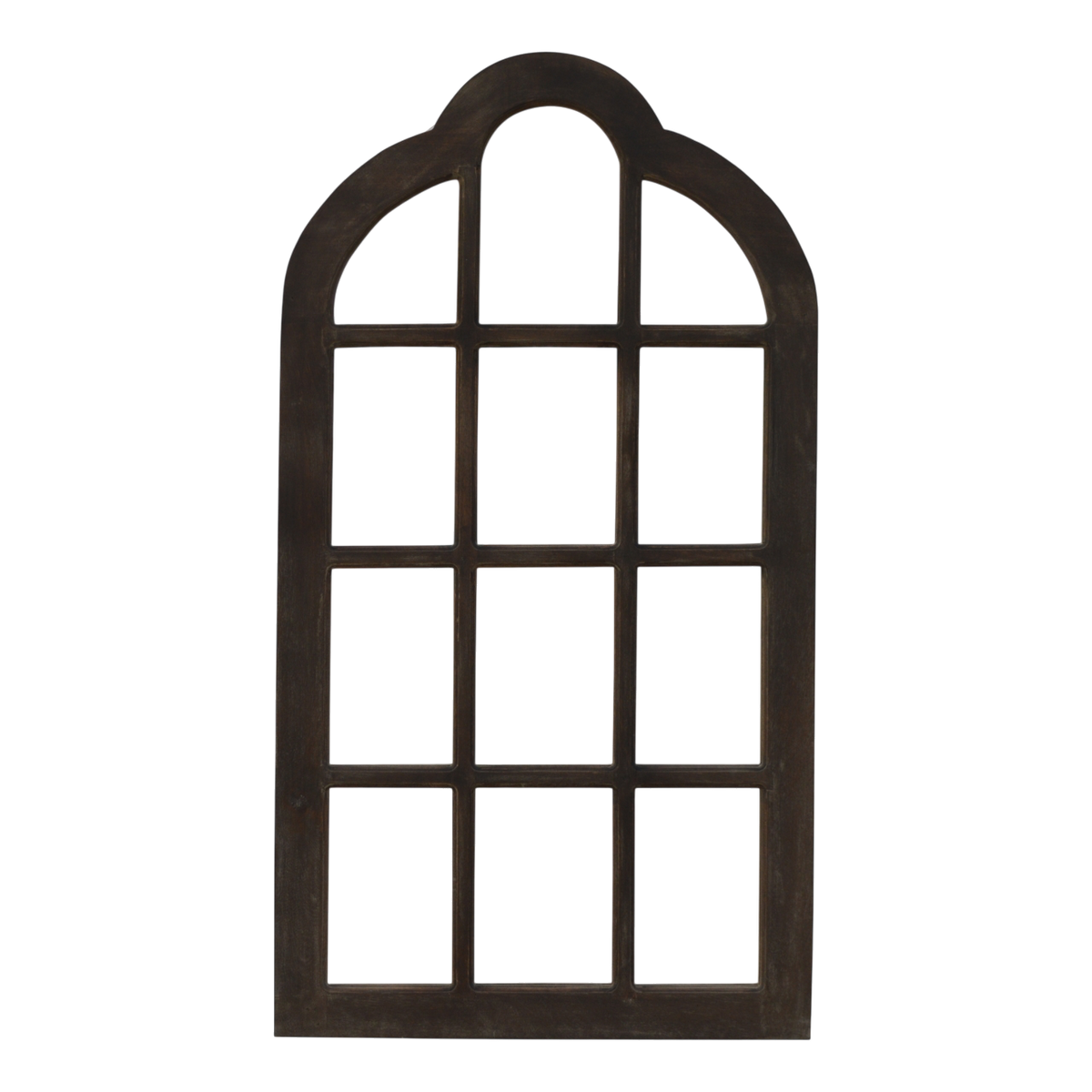 Palladio Arched Window Mirror in Espresso, front view. 100% solid hardwood frame in a dark espresso finish, arched top, wooden window-pane pattern, mirror glass.